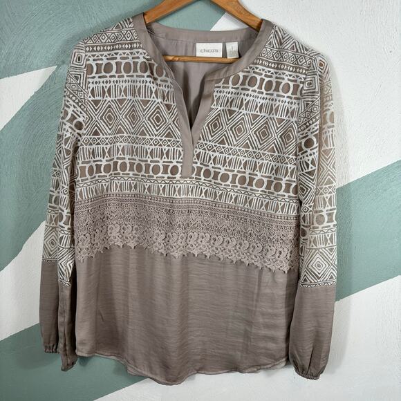 Chico's Women's Medium Tunic Textured Boho Heirloom Trim Casual Lightweight Top - Picture 9 of 10